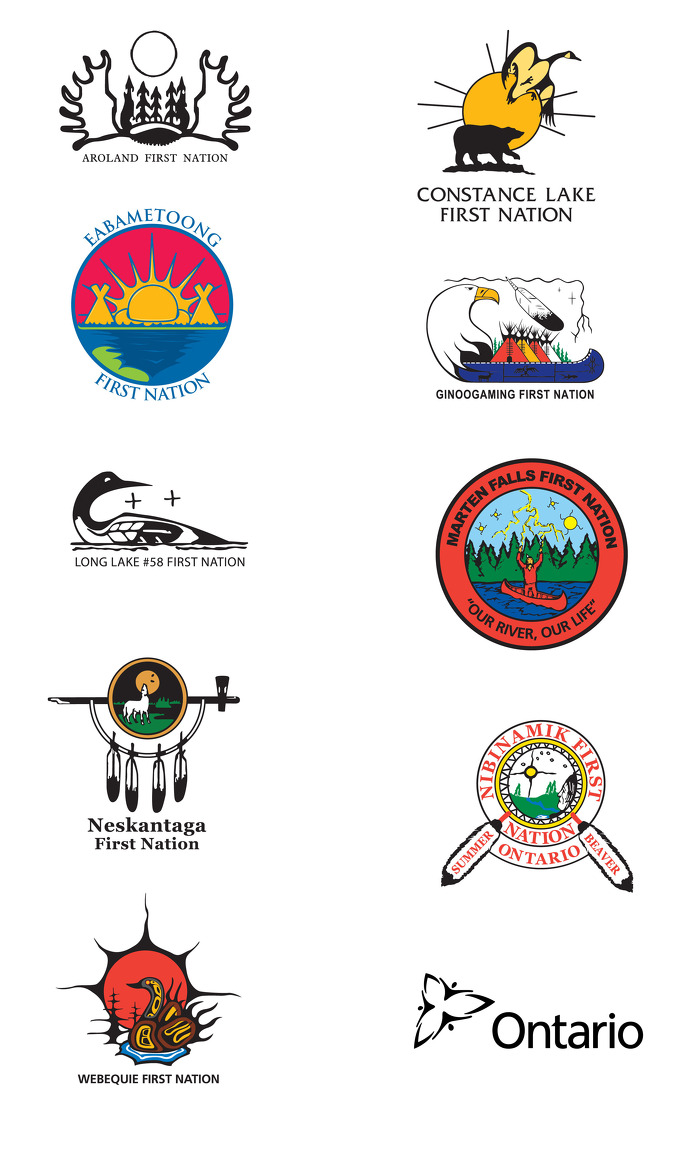 Logos for: Aroland First Nation, Constance Lake First Nation, Eabametoong First Nation, Ginoogaming First Nation, Long Lake #58 First Nation, Marten Falls First Nation, Neskantaga First Nation, Nibinamik First Nation, Webequie First Nation, Province of Ontario.